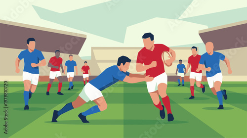 Rugby players in action on a green field, one tackling another during a match