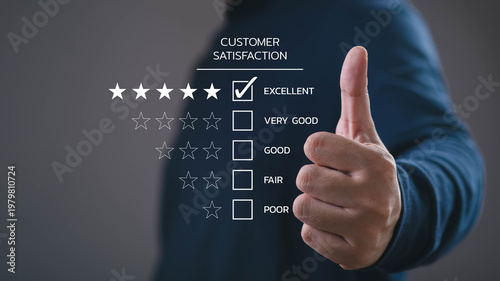 Customer satisfaction survey concept with five star rating and thumbs up gesture. Symbol of positive feedback, excellent service quality, customer experience evaluation, business reputation management
