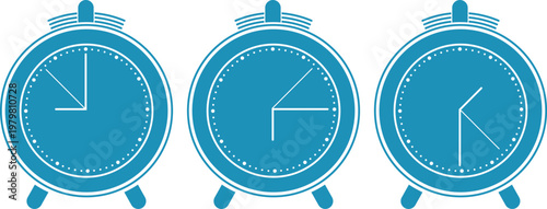 Alarm clocks and clocks with hands, alarm clock ringing, blue time icons