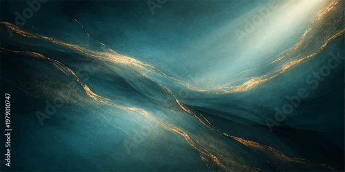 Abstract light rays background teal gold glowing wave texture