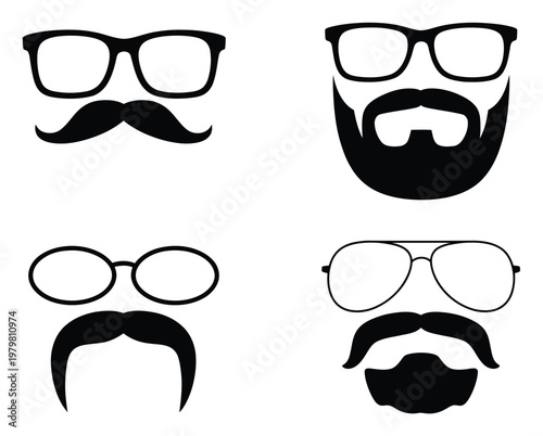 Four Silhouettes of Glasses, Mustaches, and Beards