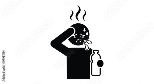 Stick figure experiencing heatstroke and dehydration, holding a water bottle and feeling unwell in hot weather.