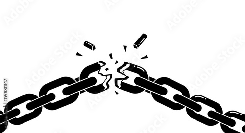 Black and white illustration of a strong metal chain breaking apart in the middle, symbolizing freedom and liberation.
