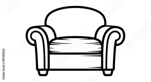 Black and white outline drawing of a comfortable single armchair.
