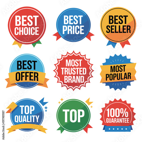 Best Seller, Best Price & Guarantee badge collection, clean flat vector badges with ribbons, seals, and stamps, perfect for highlighting offers, discounts, and trusted products in digital 