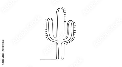 Continuous line art drawing of a simple saguaro cactus with small spikes on a white background, minimalist desert plant illustration.