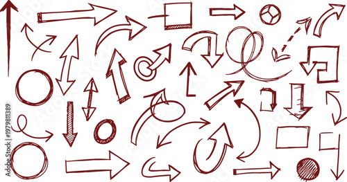 Collection of hand drawn arrows and scribble shapes in red