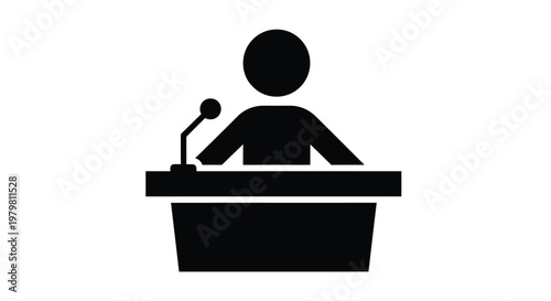 Minimalist black icon representing a professional speaker standing behind a podium with a small attached microphone setup