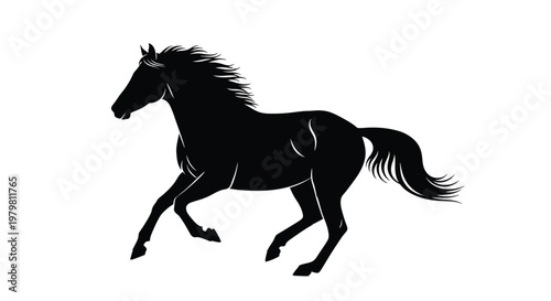 Elegant black silhouette of a galloping horse showing power and motion with a long flowing dark mane