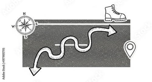 Navigational elements on a road showing a winding path and a boot.