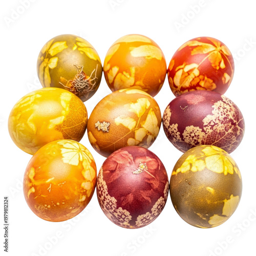 Naturally dyed Easter eggs with leaf patterns