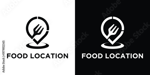 Food Location Icon: A minimalistic logo design featuring a fork integrated within a location pin, symbolizing food establishments and restaurants. conveying ease of finding food service.