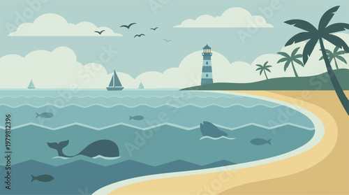 Flat design illustration of a vibrant coastal landscape with lighthouse and whales
