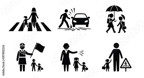 Multiple black and white vector icons showing safety situations for school children crossing busy urban city streets