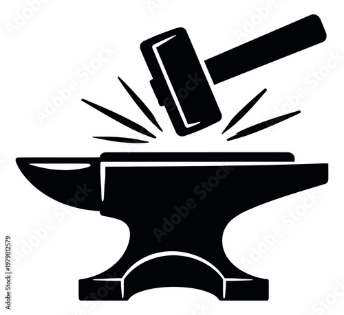 Graphic illustration of a hammer striking an anvil depicting forging sparks for blacksmithing concepts