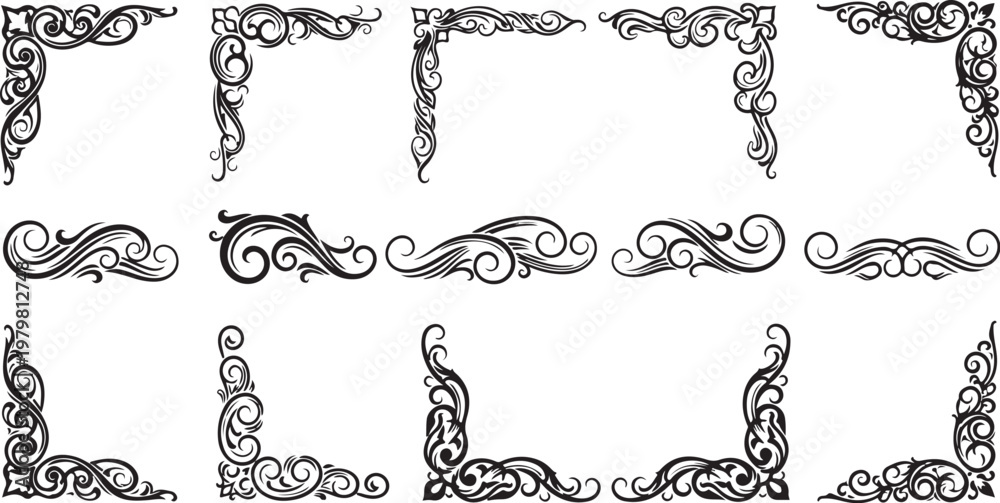Fototapeta premium Set of black and white ornate border designs and frames