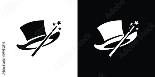 Magic hat and wand design: A clever silhouette design presents a magical hat with a wand and stars, perfect for projects involving illusion, showmanship, or fantasy themes.