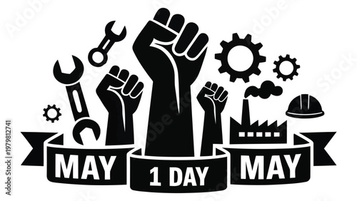 May Day labor movement illustration with raised fists and industrial symbols