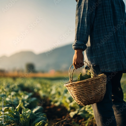 Slightly tilted over shoulder view of farmer inspecting crop basket tool dynamic diagonal composition behind wide outdoor environment camera behind subject no face visible natural sunlight earthy tone