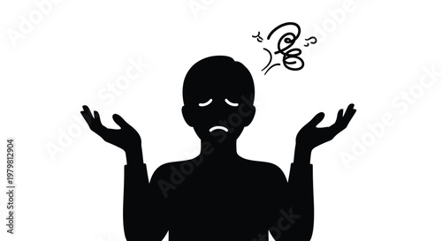 Silhouette of a frustrated person feeling overwhelmed and confused while shrugging their hands in total despair today
