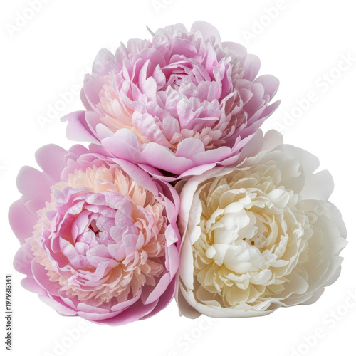 Three peonies pink and white isolated on transparent background