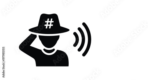 Digital influencer wearing a fedora hat with a hashtag symbol while broadcasting signals to online social followers