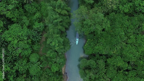 Boat sailing through clear river in lush green forest