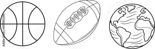 Illustrations of a basketball, american football, and a globe with continents Vector

