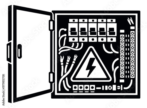 Line art illustration of an open electrical fuse box depicting a high voltage warning for electrical safety