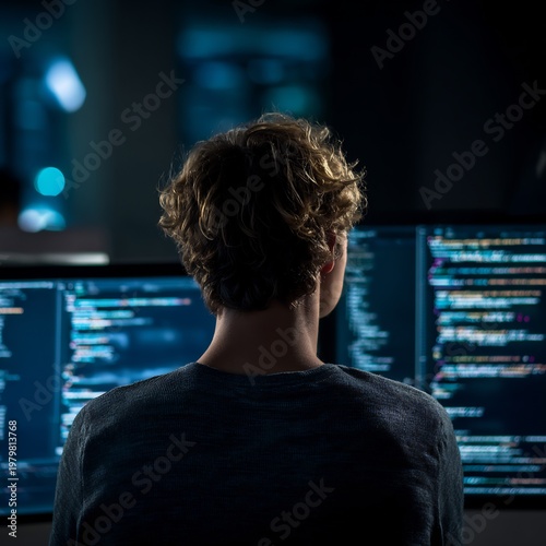 Slightly tilted over shoulder view of programmer debugging code screen dynamic diagonal composition behind dark or softly lit workspace camera behind subject no face visible modern tech environment