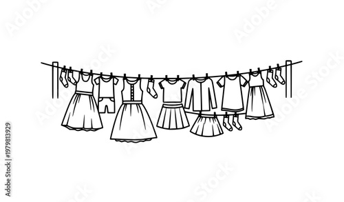 Minimal black and white girls clothes on clothesline vector illustration kids laundry fashion concept