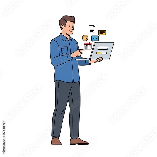 Flat Illustration of Man Using Laptop for Business App Interface