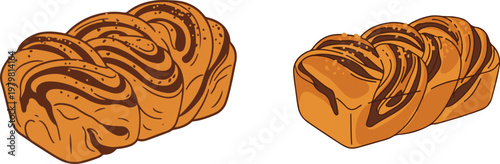 Vector EPS illustration of two marble loaf cakes with chocolate and vanilla swirls, presented in a warm baked style on a clean background.