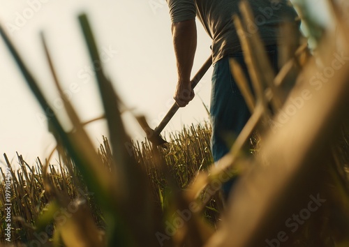 Tight cinematic over shoulder view of farmer holding tool while focusing crop detail blurred foreground plant shallow focus behind wide outdoor environment camera behind subject no face visible
