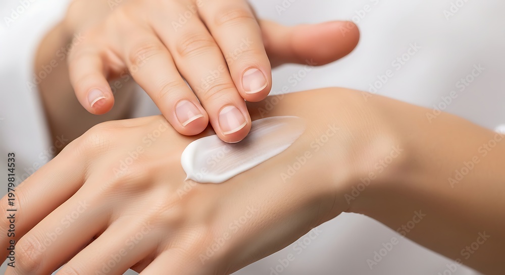Naklejka premium Close-up of a person carefully applying a rich, hydrating cream to their hand, emphasizing the importance of daily skincare, moisturizing, and maintaining soft, healthy skin