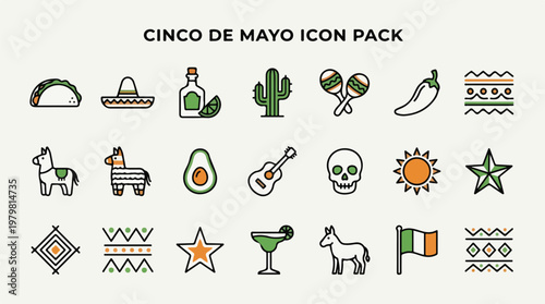 Mexican culture and celebration icon set for Cinco de Mayo featuring taco sombrero tequila bottle cactus maracas chili pepper pinata avocado guitar skull sun and national flag