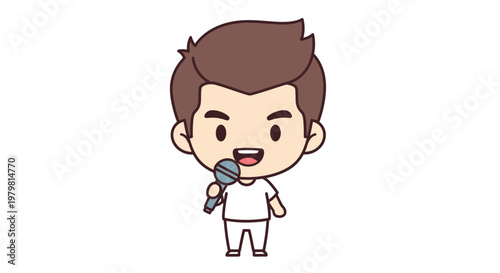 Cartoon boy holding a microphone singing.