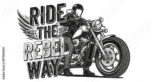 Motorcyclist on a Chopper Motorcycle with Rebel Slogan.