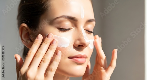 Young woman applying moisturizer to her face, promoting healthy skin and self-care routines