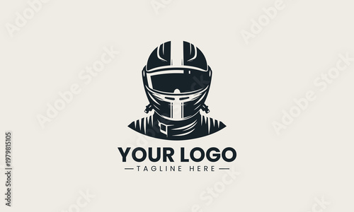 Black racing driver with helmet and suit is presented as bold monochrome vector logo on clean white background for motorsport and automotive branding use