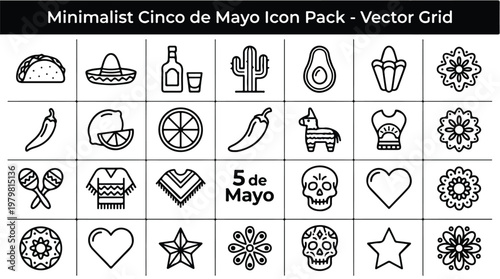 Minimalist Cinco de Mayo icon pack featuring traditional Mexican culture and celebration symbols including taco sombrero tequila cactus avocado chili pepper piñata maracas and sugar skull