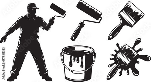 Man painting with tools and bucket of paint in hand