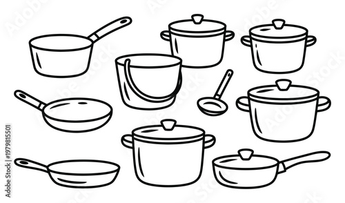 Collection of Hand-Drawn Kitchenware: Pots, Pans, and Ladle