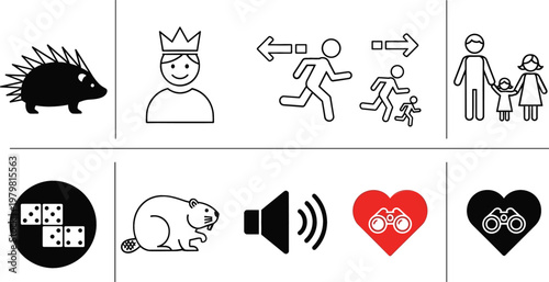 Mixed Concept Line Icon Set Featuring Porcupine King Family Movement Dice Beaver Sound Love Dating and Relationship Symbols for Modern UI Design