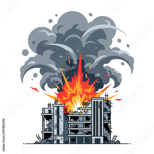 Building Explosion and Fire with Smoke Clouds