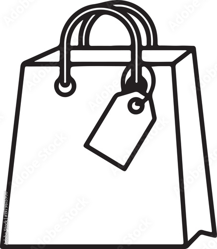 Shopping bag with price tag, outline illustration.