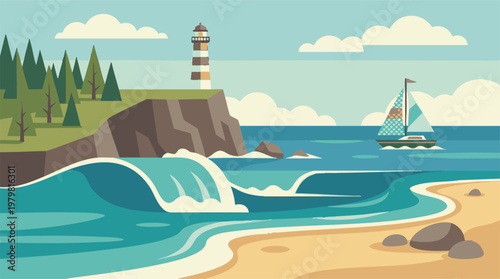 Vibrant coastal landscape illustration with lighthouse, sailboat, and beach