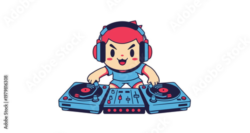 Cartoon character wearing headphones playing music.