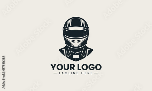 Black racing driver with helmet and suit is presented as bold monochrome vector logo on clean white background for motorsport and automotive branding use