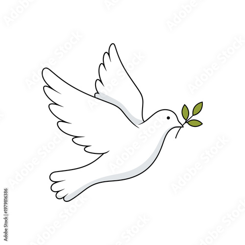 White Dove Flying with Green Olive Branch, Symbol of Peace and Hope